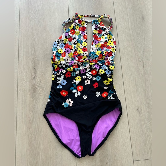 Anne Cole Women's Size 6 Ditsy Floral High-Neck One-Piece Swimsuit Black - Picture 3 of 10